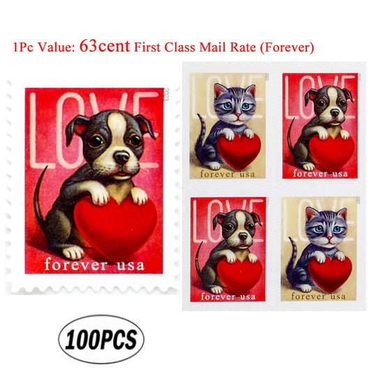 100Pcs 2023 First-Class Forever Stamps - Love: Kitten & Puppy